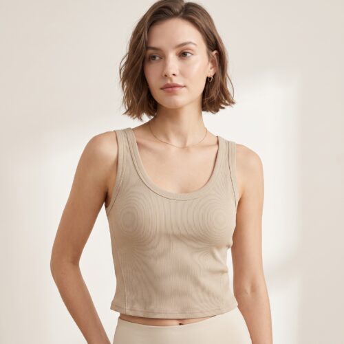 Women's Ribbed Cotton Scoop Neck Tank Top with Built-in Bra – Padded Wide Strap Mid-Crop Camisole