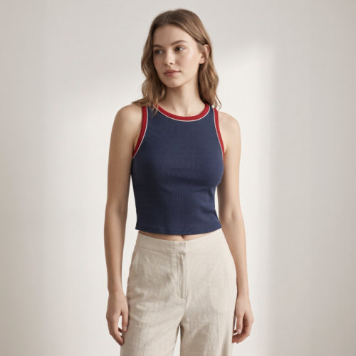 Women Color Block Trim Ribbed Crop Tank Top with Built-in Bra,