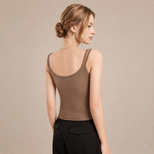 Women's Double Strap Tank Top with Built-in Bra – Low Back Scoop Neck Padded Camisole