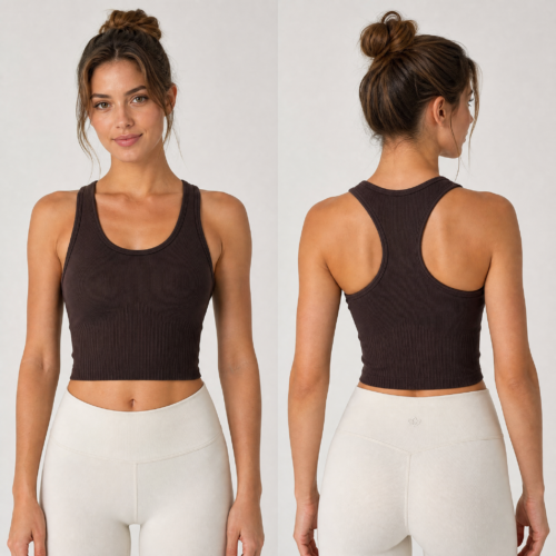 Ribbed Racerback Sports Bra Tank with Fixed Bra Cups
