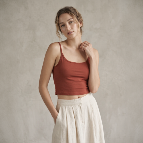 Soft Stretch Ribbed Crop Tank Top with Built-in Bra, Spaghetti Strap