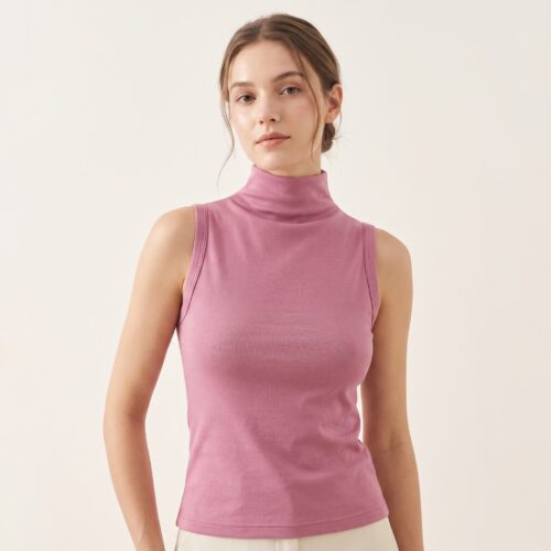 Women's Mock Neck Tank Top with Built-in Bra – Sleeveless Layering Base Top for Autumn/Winte