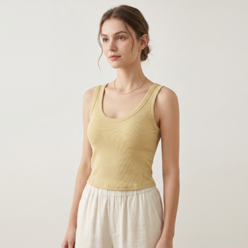 Ribbed Cotton Scoop Neck Tank Top with Built-in Bra