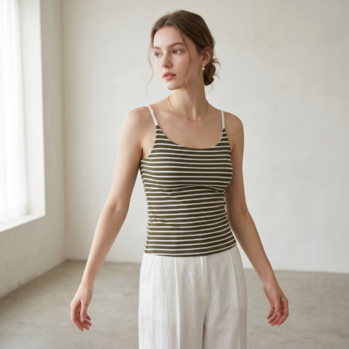 Cotton Ribbed Striped Cami Tank Top with Built-in Shelf Bra